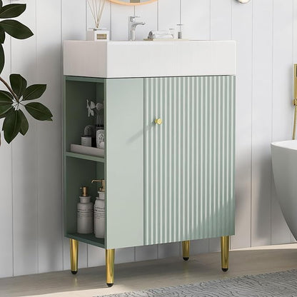 21.6 in Small Bathroom Vanity with Sink,Doors and Storage Shelves,Wood Modern Single Fluted Bathroom Sink Cabinet Freestanding (Green,Left Shelf)