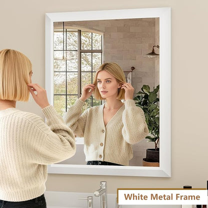 SMIROR 28x32 Matte White Bathroom Vanity Mirror for Over Sink | Metal Wide Frame, Rectangle, Right- Angle Corner, Anti-Rust, Horizontally or Vertically Wall- Mounted for Home Remodel