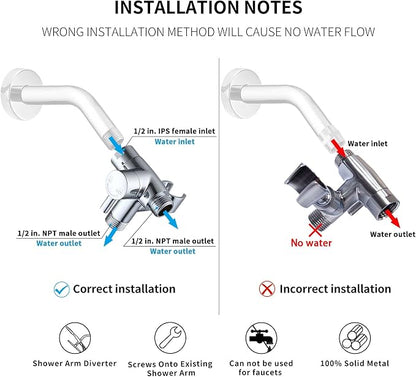 G-Promise Solid Metal Shower Head Diverter with Holder 3-Way | Spray Separately or Both, Adjustable-Angle Bracket, Anti-Leak, Smooth Knob Switch, Easy Install, Universal Replacement Part