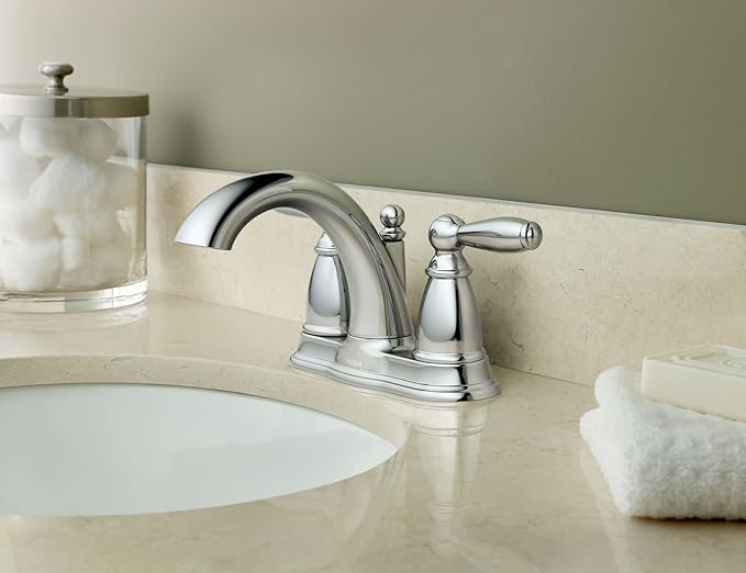 Moen Brantford Chrome Two-Handle Low-Arc Traditional Centerset Bathroom Faucet with Drain Assembly, 6610
