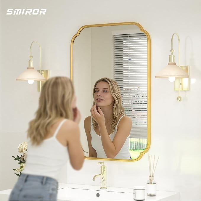 SMIROR 24x36 Gold Scalloped Corner Bathroom Vanity Mirror for Wall | Metal Frame, Scalloped Rectangle, Anti-Rust, Horizontally or Vertically Mounted