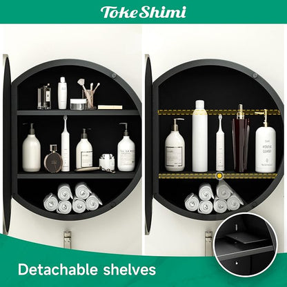 TokeShimi 20 x 20 Brushed Nickel Round Medicine Cabinet with Mirror, Circle Medicine Cabinet for Bathroom with Stainless Steel Metal Frame, Detachable Shelves, Shatterproof, Wall Mounted Only