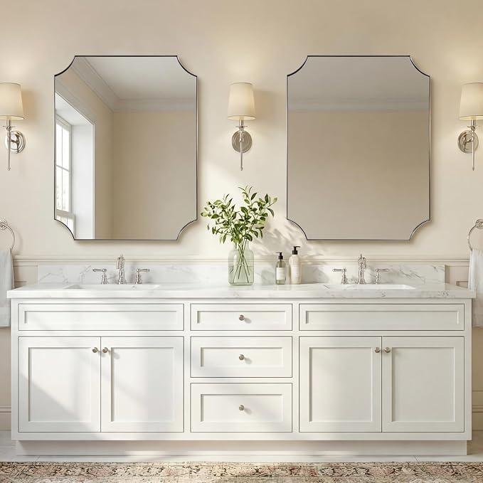 Brushed Nickel Mirror 28"x36", Scalloped Bathroom Mirror, Modern Silver Framed Mirror in Anti-Rust Stainless Steel Metal Thin Frame Deep 1", Wall Mount Vertical or Horizontal