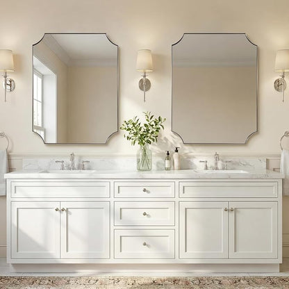 Scalloped 32"x40" Brushed Nickel Wall Mounted Mirror | Anti-Rust Stainless Steel Frame 1" Deep, Notched Corner Design, Horizontal & Vertical Mount, Contemporary Home Aesthetic