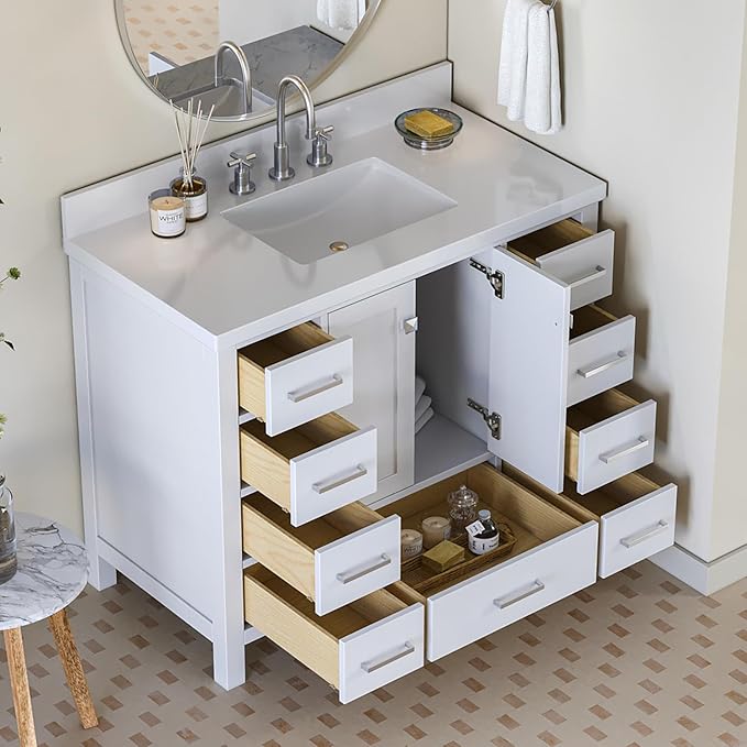 ARIEL Cambridge 42-inch Bathroom Vanity Base Cabinet,Solid Wood, 2 Soft Closing Doors, 9 Dovetail Drawers, White