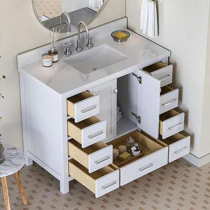 ARIEL Cambridge 42-inch Bathroom Vanity Base Cabinet,Solid Wood, 2 Soft Closing Doors, 9 Dovetail Drawers, White