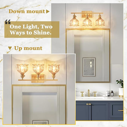 3-Light Amber Tulip Glass Vanity Light, Brushed Gold Vintage Bathroom Wall Sconce, 19.4" Antique Brass Hardwired Wall Lamp for Mirror, Powder Room, Bedroom (Individual Switches, Bulbs Not Included)
