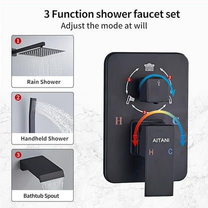 Shower Faucet Set Complete, Shower System Black with 10 inch Square Rainfall Shower Head 3-Function Handheld Shower Waterfall Bathtub Spout Rain Shower Combo Mounted Bathroom Wall fit All Valve Types