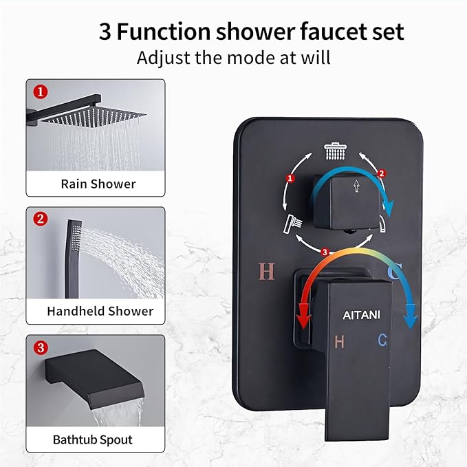Shower Faucet Set Complete, Shower System Black with 12 inch Square Rainfall Shower Head 3-Function Handheld Shower Waterfall Bathtub Spout Rain Shower Combo Bathroom Wall Mounted fit All Valve Types