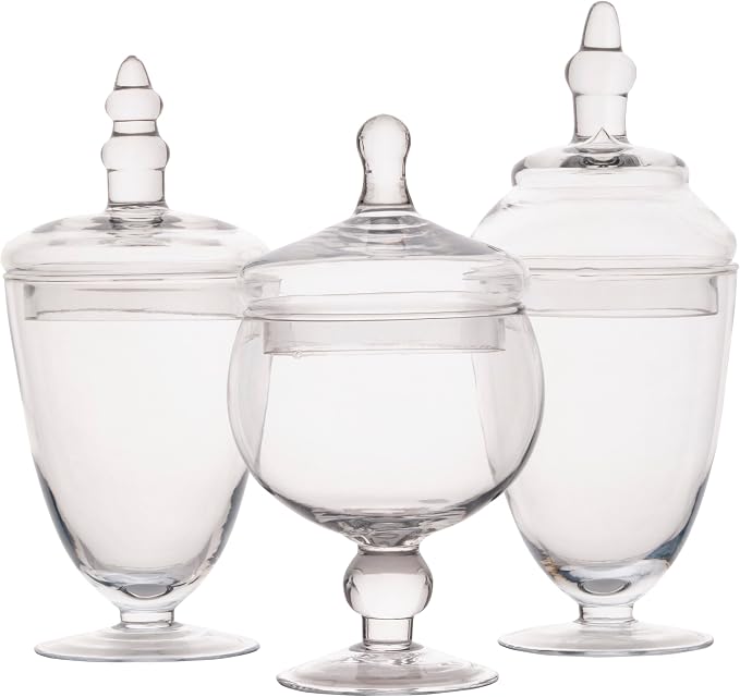 Elements Clear Glass Apothecary Jar Set of 3 with Lids - Decorative Glass Jars for Bathroom, Kitchen, Pantry Storage - Handcrafted, Graduated Heights 10, 9.5, 8.5 In