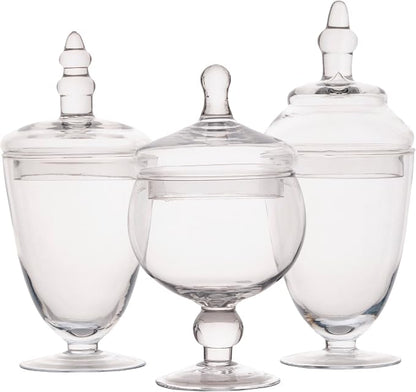 Elements Clear Glass Apothecary Jar Set of 3 with Lids - Decorative Glass Jars for Bathroom, Kitchen, Pantry Storage - Handcrafted, Graduated Heights 10, 9.5, 8.5 In