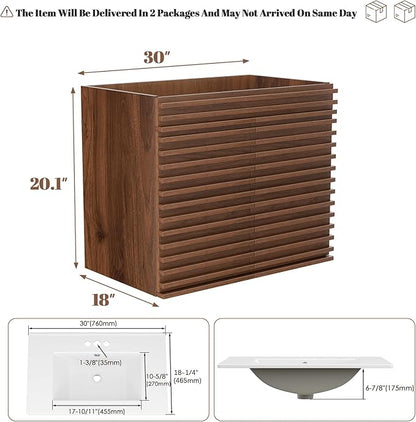 ROOMTEC 30" Bathroom Vanity, Mid-Century Wall Mounted Floating Cabinet with 2 Closing Doors, Wood Grain Texture, Walnut (Sink Basin Not Included)