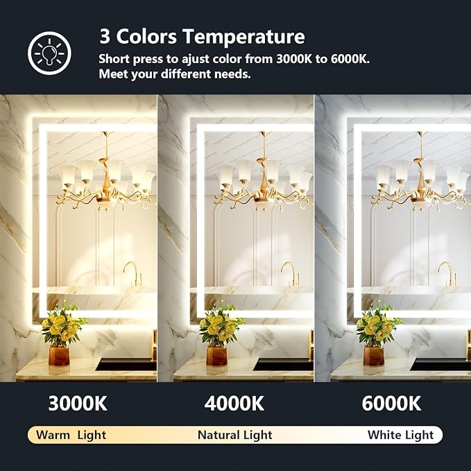 44x32 LED Bathroom Mirror with Lights, Lighted Vanity Mirror | Backlit and Front Light, Anti-Fog, 3 Color Dimmable, Memory, Tempered Glass, IP54 Waterproof, UL Listed