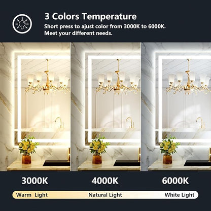 44x32 LED Bathroom Mirror with Lights, Lighted Vanity Mirror | Backlit and Front Light, Anti-Fog, 3 Color Dimmable, Memory, Tempered Glass, IP54 Waterproof, UL Listed