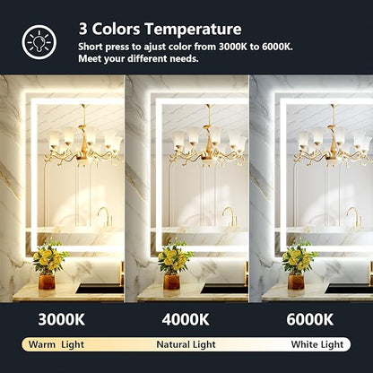 50x36 Inch LED Bathroom Mirror with Lights Front and Backlit Lighted Vanity Mirror for Bathroom Wall with 3 Colors Dimmable Anti-Fog Memory Shatter-Proof IP54 Waterproof Horizontal/Vertical