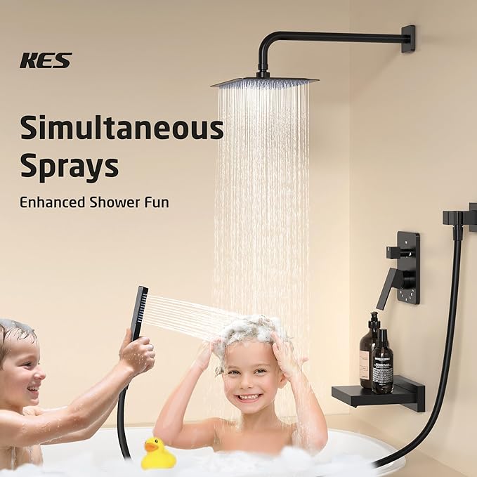 KES Rectangle 12-inch Matte Black Shower System with Large Waterfall Tub Spout, Bathtub Shower Faucet Set with Rough-in Valve, cUPC Certified Bathroom Shower Faucet Set, XB6330F18-BK