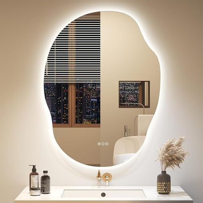 OKPAL Backlit Irregular LED Mirror for Bathroom 28x36, Asymmetrical Leaf-Shaped Lighted Vanity Mirror with Lights, Anit-Fog, Dimmable, Memory, Tempered Glass, UL (Horizontal/Vertical)