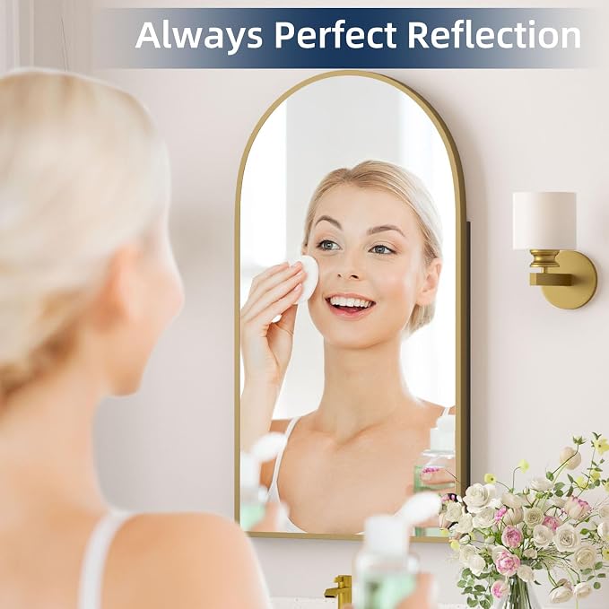 Medicine Cabinets for Bathroom, Brush Gold Arched Medicine Cabinet Recessed or Surface Wall-Mounted,Modern Bathroom Vanity Mirror with Storage, Mirrored Cabinet with Adjustable Shelves,16x31 Inch