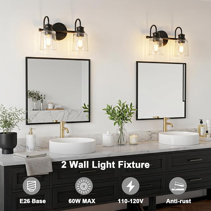 2 Lights Bathroom Light Fixtures Modern Black Vanity Lights | ETL Certificate, Easy to Install,Wall Mount Up or Down,Thickened Glass Lampshade,E26 Socket,Hardwired