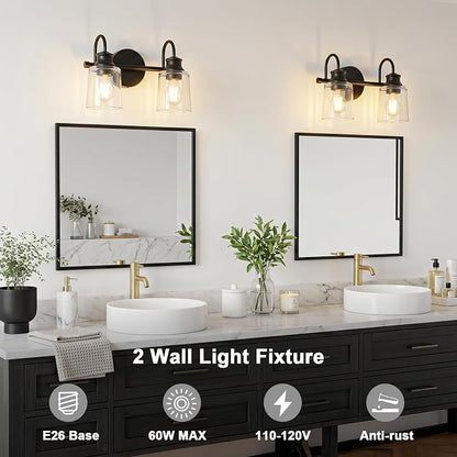 2 Lights Bathroom Light Fixtures Modern Black Vanity Lights | ETL Certificate, Easy to Install,Wall Mount Up or Down,Thickened Glass Lampshade,E26 Socket,Hardwired