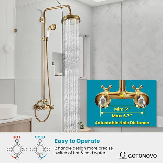 gotonovo Exposed Shower Faucet Set Luxury,Antique Brass,Straight Rod | Bathroom 8” Shower Head with Handheld Spray System Fixtures,Vintage Two Cross Handle,Wall Mount,for 5-6.7" Hole,Adjust Height