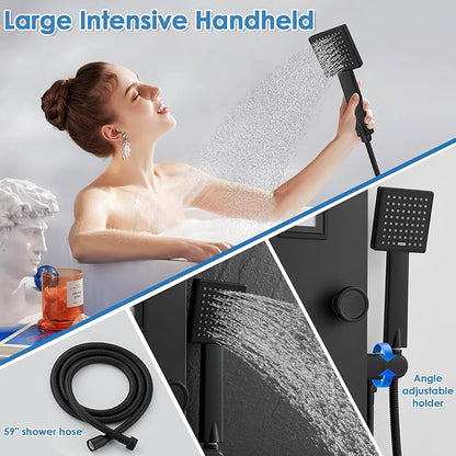 ROVOGO Shower Panel Tower System with Rainfall Waterfall Shower Head, 6 Body Jets, Handheld and Temp Display, Stainless Shower Column with Mixer Valve, All Black