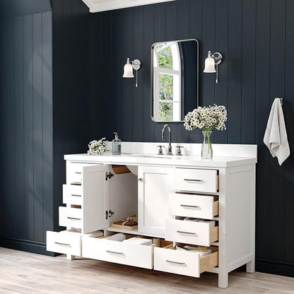 ARIEL Cambridge 60-inch Bathroom Vanity with Sink,Solid Wood, 1.5-inch Pure White Quartz Countertop & Backsplash, Single Rectangular Porcelain Sink, 2 Soft Closing Doors, 9 Dovetail Drawers, White