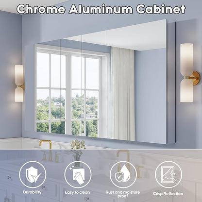 72" x 36" Bathroom Medicine Cabinet with Mirror, Anodized Chrome Aluminum Frame, Surface Mount or Recessed Medicine Cabinet with Mirror, Bathroom Mirror with Storage, Four Doors