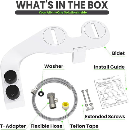 Toilet Bidet With Left/Right Side Reversible Design, Fresh Water, Non-Electric, Toilet Bidet Attachment, Right/Left Hand Side with Dual Nozzle, Self-Clean, Easy to Install (Black Knob)