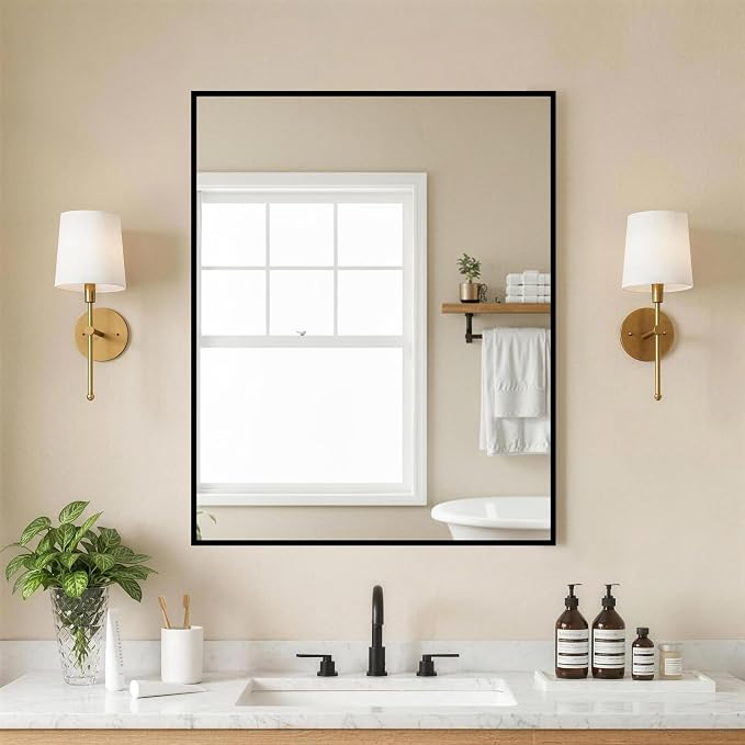 FICTOR Bathroom Vanity Mirror for Over Sink, 24" x 30", Black | Anti-Rust Frame, Shatterproof Tempered Glass, Vertical/Horizontal Wall Mounted Mirror for Bedroom, Entryway, Living Room