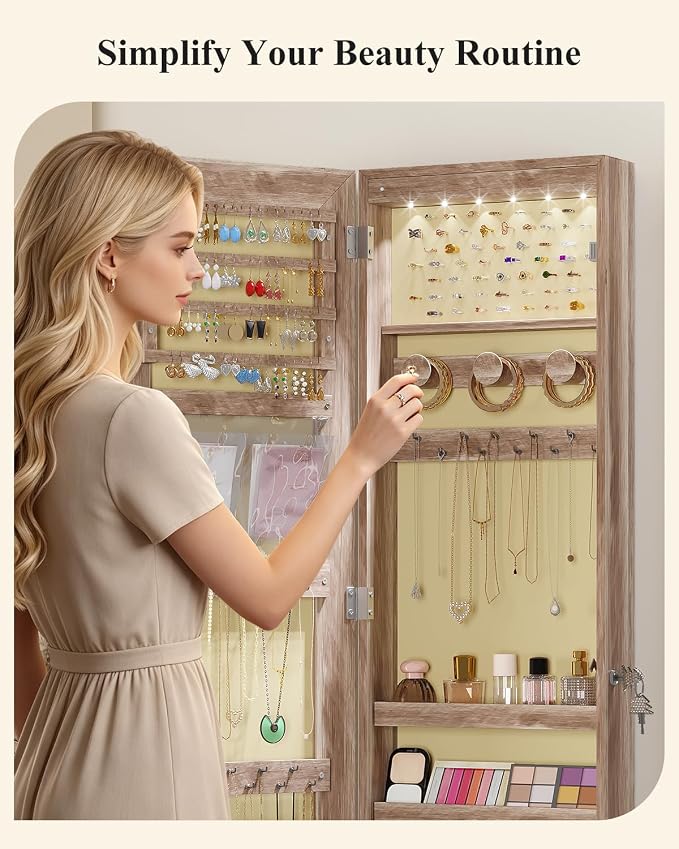 LVSOMT Over The Door Jewelry Organizer, 6 LED Wall Mounted Jewelry Cabinet | Lockable 42.5" Full Length Mirror with Jewelry Storage, Hanging Jewelry Mirror Cabinet, Jewelry Armoire for Women, Wood