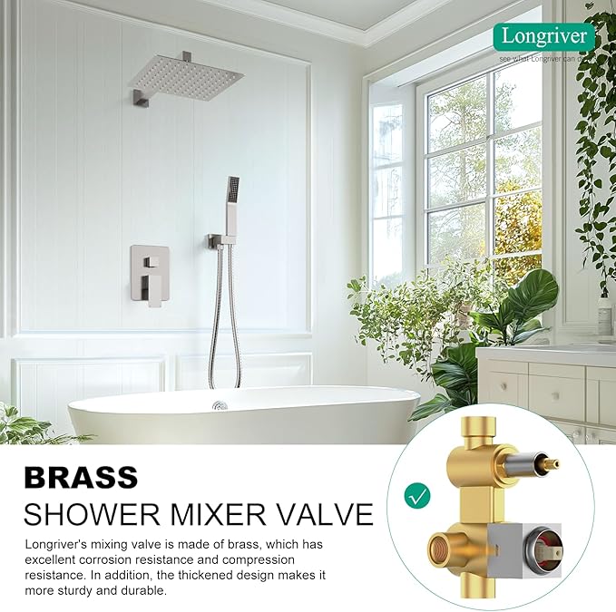 Longriver Shower Faucet Set, Shower System Bathroom High Pressure 10 Inches Rainfall Shower Head with Handheld Spray, Wall Mounted Shower Fixtures with Shower Valve and Trim Kit, Brushed Nickel