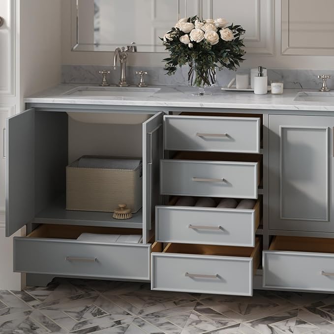 ARIEL Stafford 72-inch Bathroom Vanity with Sink,Solid Wood, 0.75-inch Italian Carrara Marble Countertop, Double Rectangular Porcelain Sink, 4 Soft Closing Doors, 6 Dovetail Drawers, Grey