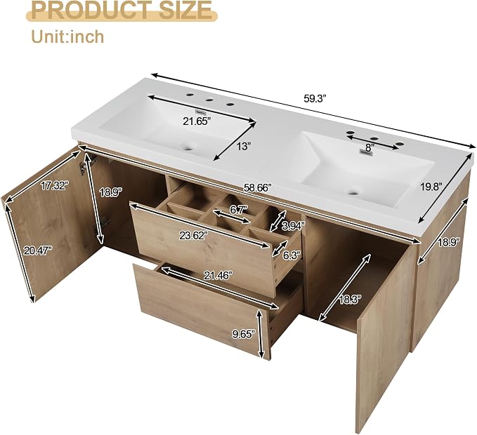 SOFTSEA 60" Double Sink Bathroom Vanity, Floating Bathroom Cabinet with 2 Storage Drawers & Soft Close Doors, Modern Wall Mounted Double Vanity with SMC Sink, Wood