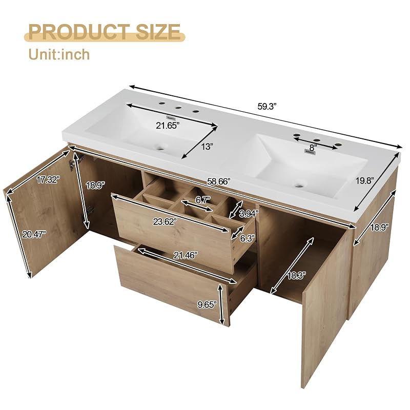 Modern Floating Natural Bathroom Vanity 60 Inch with Dual Sink, SMC Sink Top and Divided Drawers, Elegant Storage Cabinet with No Handle Design and Soft Close Doors for Large Bathrooms