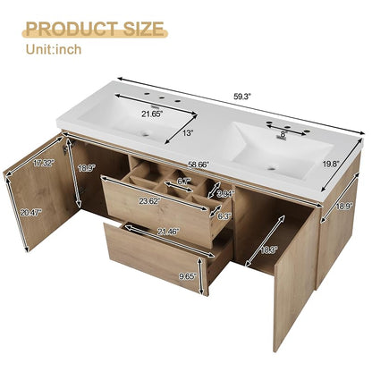 Modern Floating Natural Bathroom Vanity 60 Inch with Dual Sink, SMC Sink Top and Divided Drawers, Elegant Storage Cabinet with No Handle Design and Soft Close Doors for Large Bathrooms