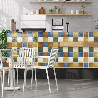 DEWOO Peel and Stick Backsplash Self Adhesive Wall Tiles Colourful 10-Sheet | Checkered,Square,Sticky,for Kitchen,Bathroom,Laundry,Sink,12"×12"