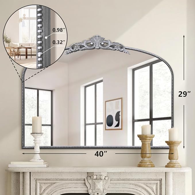 Micasso Vintage Silver Wall Mirror: 40"x29" Baroque Antique Arched Mirror | Traditional Ornate French Decorative Mirror for Bedroom/Bathroom/Fireplace/Entryway/Hallway/Dresser/Vanity/Mantel/Nightstand