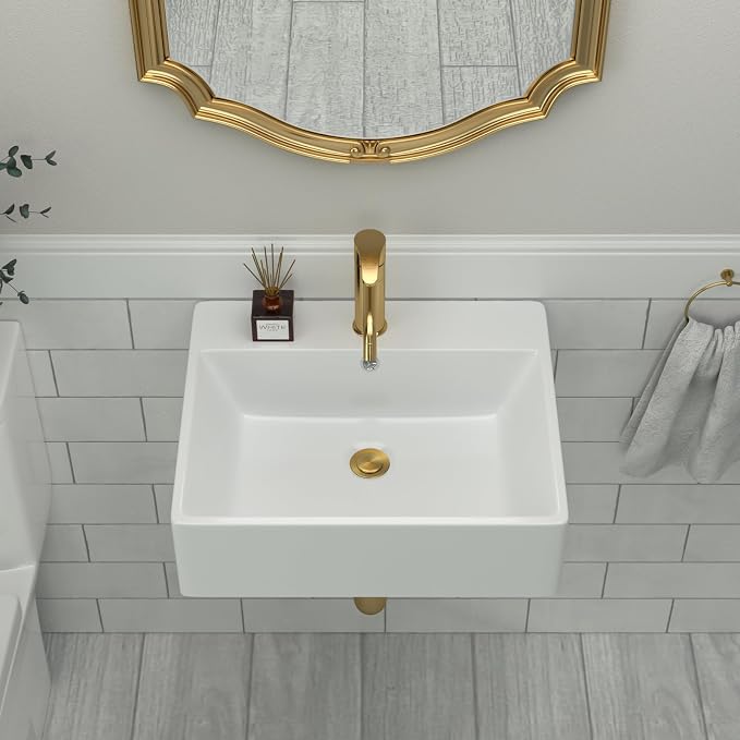 Wall Mounted Bathroom Vessel Sink | Beslend 20''x18'' Rectangle White Porcelain Ceramic Vessel Sink Floating Art Basin with Faucet Hole and Overflow