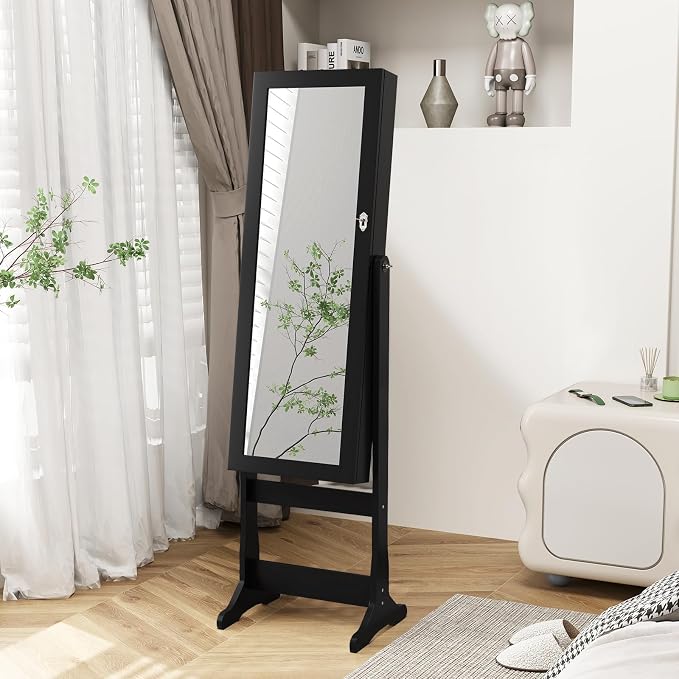 Giantex Standing Jewelry Armoire, Lockable Jewelry Cabinet with Full Length Mirror, LED Lights, 4 Tilt Angle Adjustable, Mirror with Jewelry Storage, Standing Jewelry Organizer with Drawers, Black