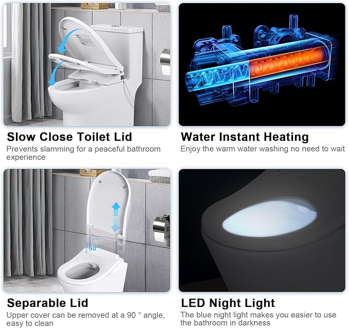 Electric Bidet Toilet Seat with Heated Seat, Endless Warm Water, Smart Bidet Toilet Seat Elongated, Separable Sittable Lid, Self-Clean Adjustable Nozzle | Wireless Remote | Quiet Operation