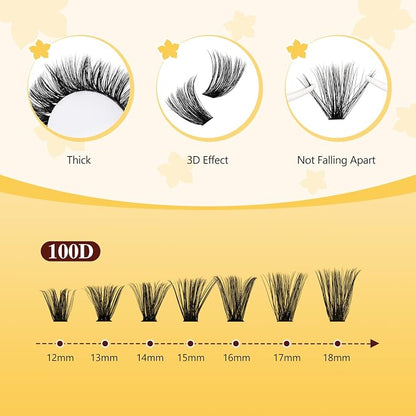 QUEWEL Lash Clusters Kit, 320Pcs 100D Lash Cluster Eyelash Extensions | Mix 12-18mm 3D Eyelash Clusters with Lash Bond and Seal and Lashes Tweezer Easily Create 3D Lashes Clusters at Home(100D Kit)