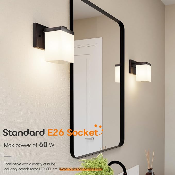 Wall Light Over Mirror Bathroom Vanity Lighting Fixtures with White Frosted Glass, Wall Sconce for Porch Hallway Entrance, Oil Rubbed Bronze T003ORB-L1