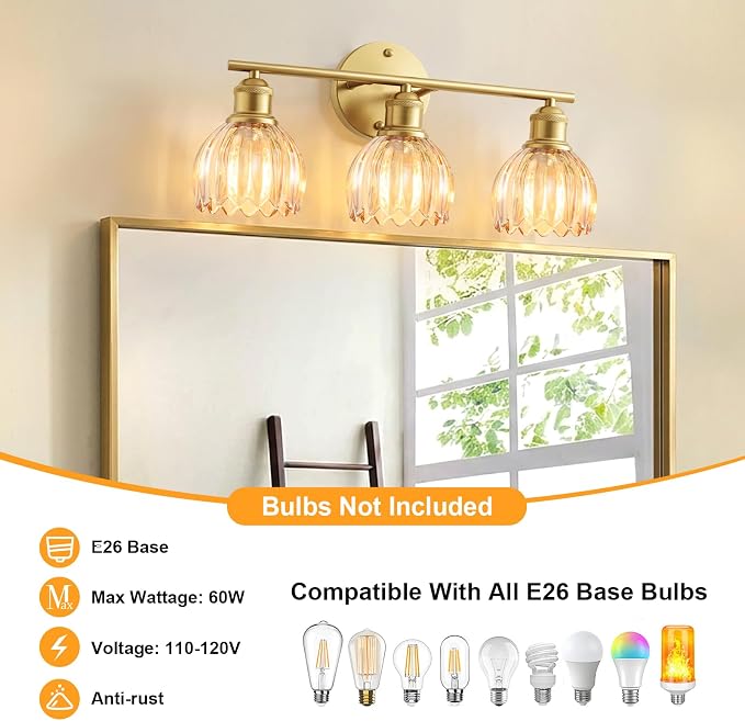 Bathroom Light Fixtures, 3-Light Brushed Gold Vanity Lights for Bathroom with Amber Tulip Glass Shade, 20" Vintage Bathroom Vanity Lighting Fixtures Over Mirror for Bedroom Living Room Hallway