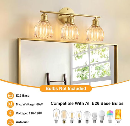 Bathroom Light Fixtures, 3-Light Brushed Gold Vanity Lights for Bathroom with Amber Tulip Glass Shade, 20" Vintage Bathroom Vanity Lighting Fixtures Over Mirror for Bedroom Living Room Hallway