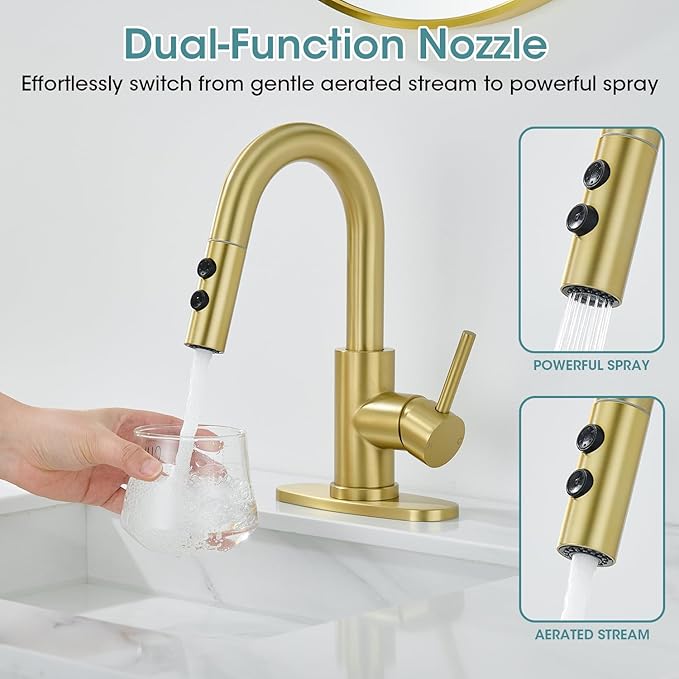 Gold Bathroom Faucet with Pull Down Sprayer, Single Hole Bathroom Faucet with Pop-up Drain and Flexible Hoses, 1 Handle Sink Faucets for Vanity, Modern Farmhouse, Vanity, Restroom