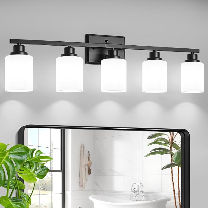 Unicozin 5-Light Bathroom Light Fixtures, Modern Black Vanity Light Over Mirror, Wall Sconces with Milky White Glass Shades for Living Room Bedroom Hallway E26 Base