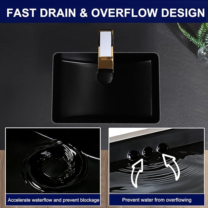 Undermount Bathroom Sink 18x13 Inch Small Bathroom Sink Black Porcelain Ceramic Bathroom Under Counter Lavatory Vanity Sink Basin Rectangular Undermount Sinks with Overflow