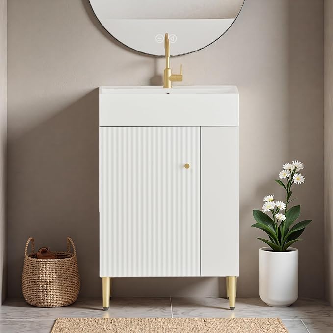 21.6" Freestanding Bathroom Vanity with Ceramic Sink, White | Ceramic Sink, Wave-Pattern Door & Two-Layer Right Open Compartment, Bathroom Storage Cabinet, Easy Installation