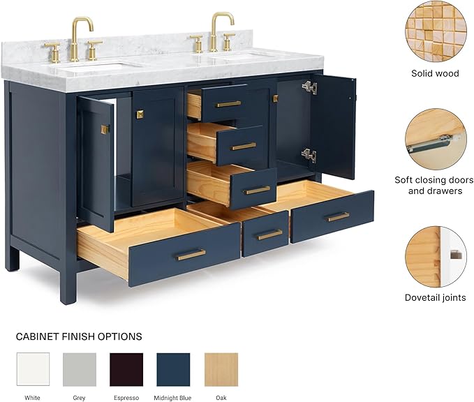 ARIEL Cambridge 60-inch Bathroom Vanity with Sink,Solid Wood, 2-inch Italian Carrara Marble Countertop, Double Rectangular Porcelain Sink, 4 Soft Closing Doors, 6 Dovetail Drawers, Midnight Blue
